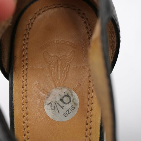 Frye Womens Gwen Sandal Size 9.5 Black Leather Woven T-Strap Wedge Heel Peep Toe - Picture 11 of 12